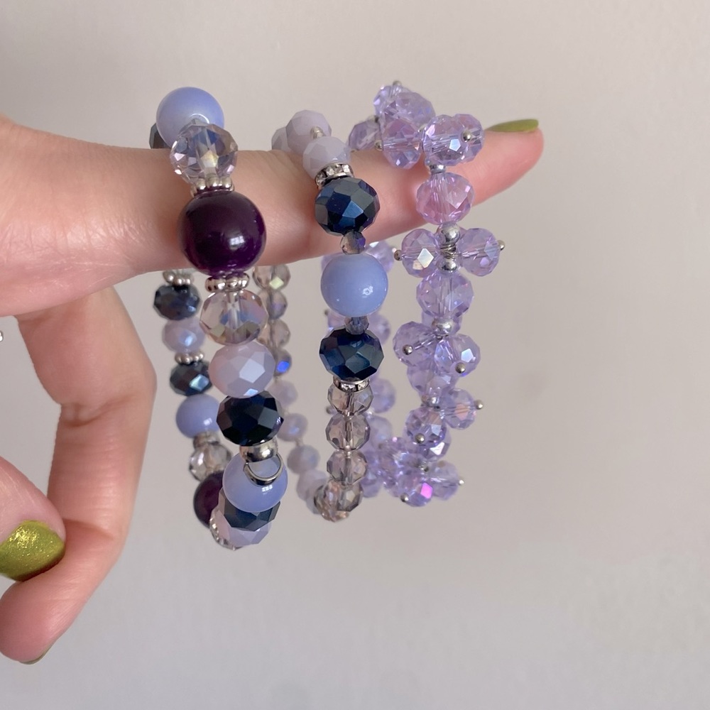 Three Lilac and Dark Purple Beaded Bracelets